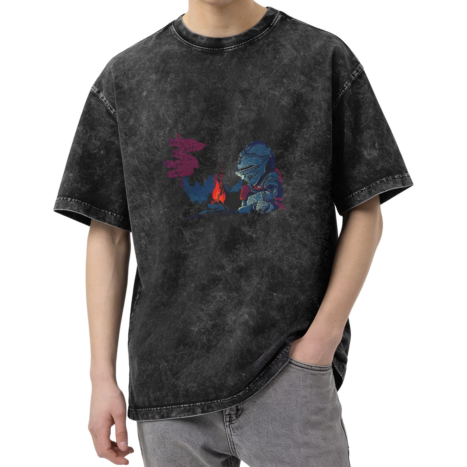 Vintage Washed Black T-Shirt with Knight by Campfire Graphic Print