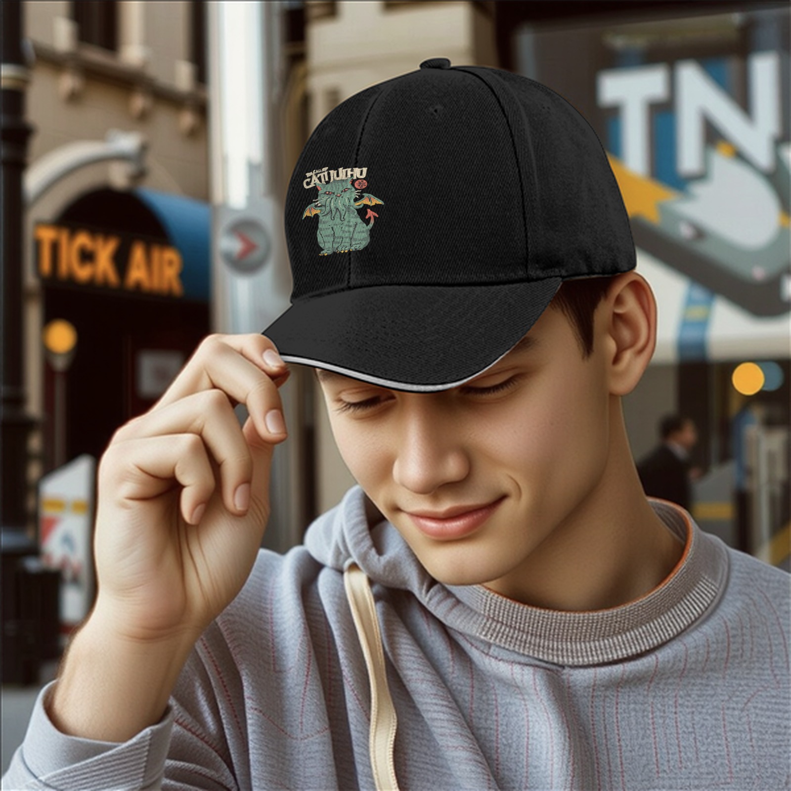 Black Baseball Cap With Cthulhu Cat Graphic Print