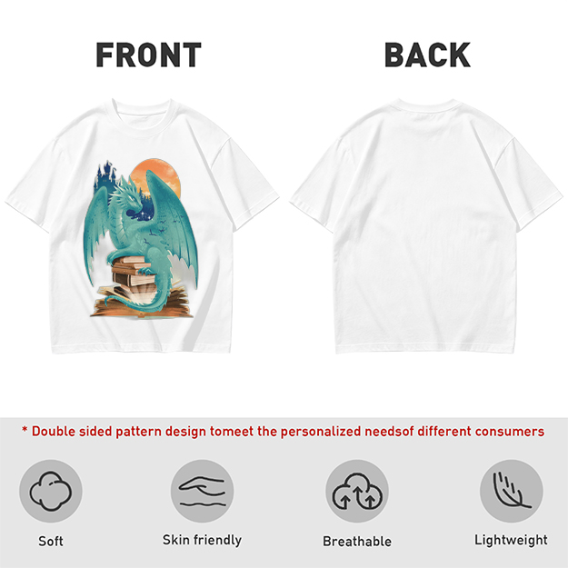 Teal Dragon Perched on Stacked Books Fantasy Graphic T-Shirt