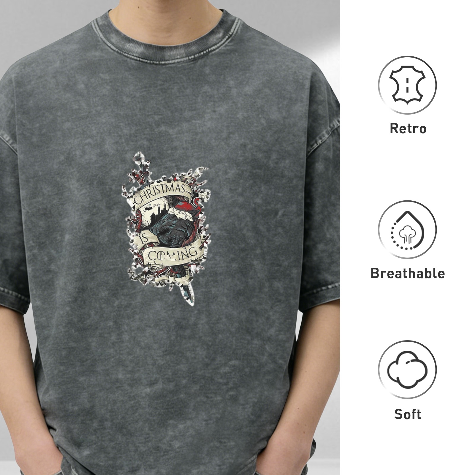 Washed Black Graphic T-Shirt with Christmas Is Coming Design