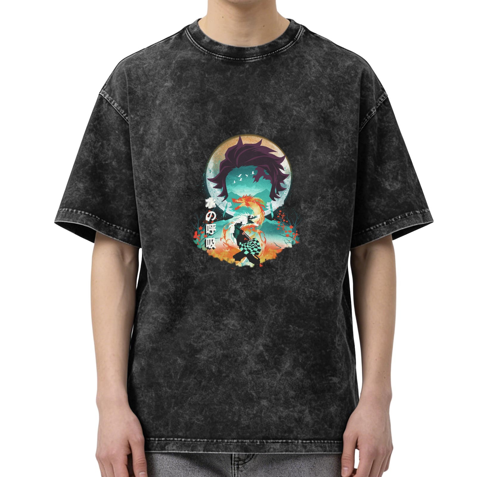 Demon Slayer Tanjiro Water Breathing Anime Graphic Oversized Acid Wash T-Shirt