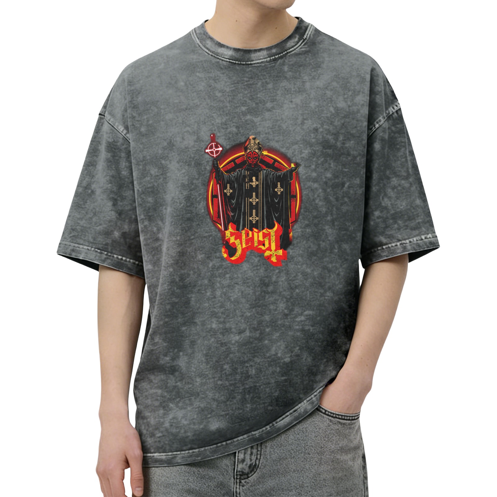 Oversized Dark Wash Graphic T-Shirt with Occult Priest Print