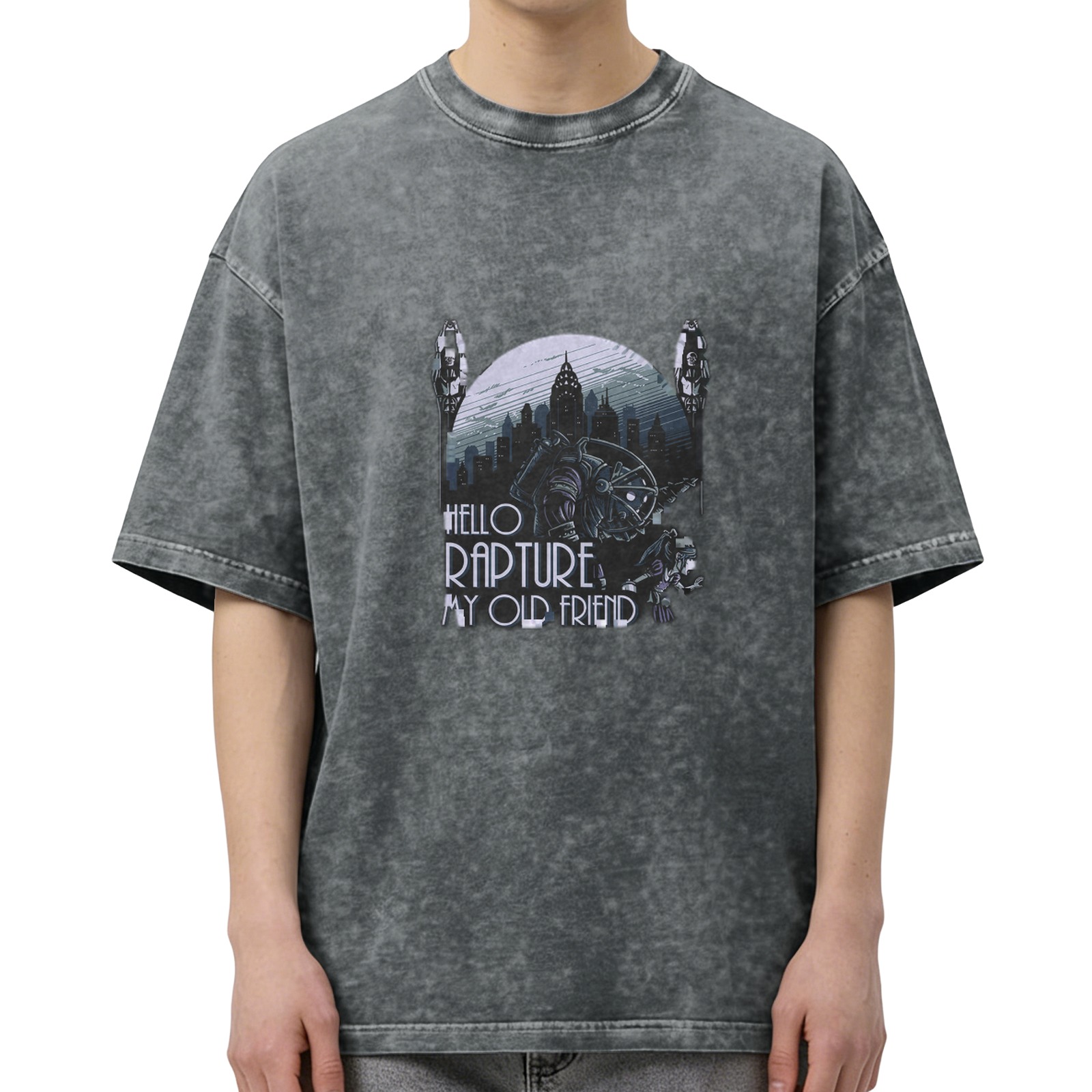 Oversized Vintage Wash T-Shirt with BioShock 'Hello Rapture My Old Friend' Graphic Print