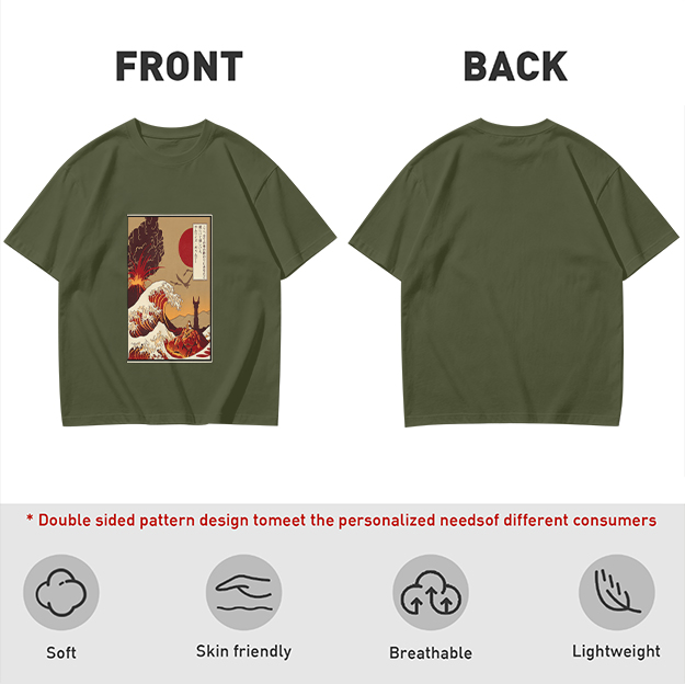 Olive T-Shirt with Ukiyo-e Style Wave and Volcano Print