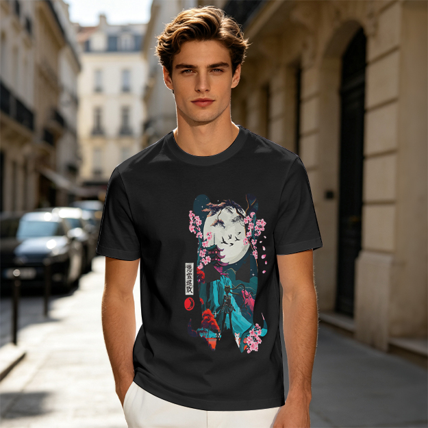 Olive T-shirt with Japanese-inspired moon and cherry blossom graphic