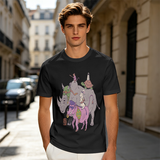 Olive T-Shirt With Whimsical Fantasy Animal Group Print