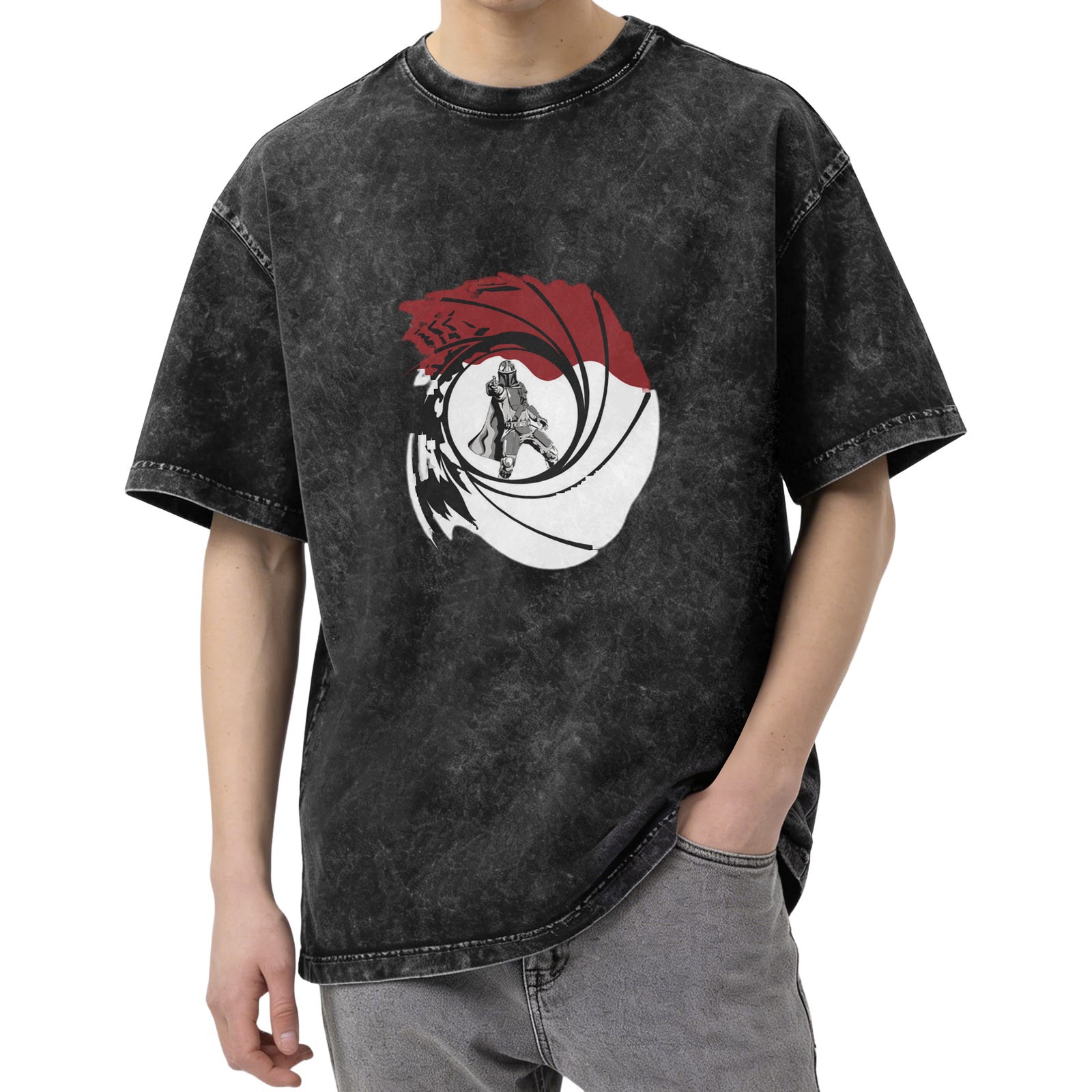 Distressed black round neck short-sleeved T-shirt with secret agent theme gun barrel pattern print
