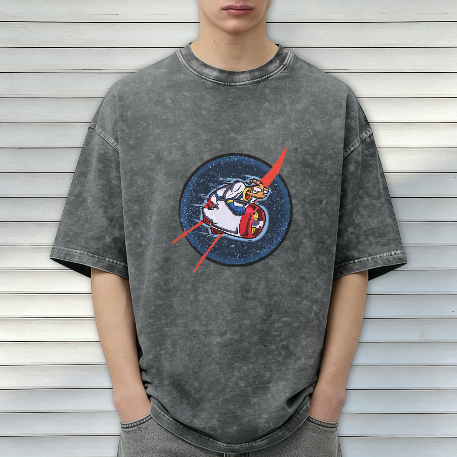 Oversized Acid Wash T-Shirt With Retro Space Duck Graphic Print