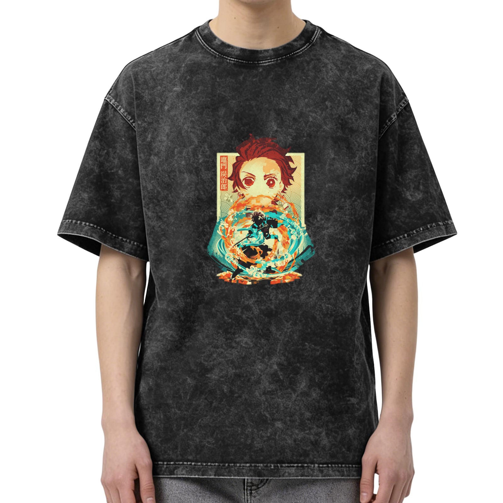 Demon Slayer: Kimetsu no Yaiba Tanjiro themed washed and distressed loose short-sleeved T-shirt