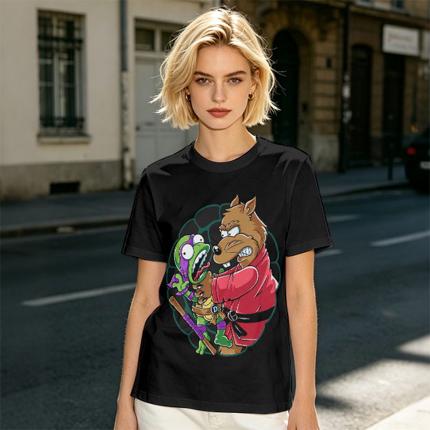 Olive T-shirt with Splinter Grabbing Donatello Ninja Turtle Art