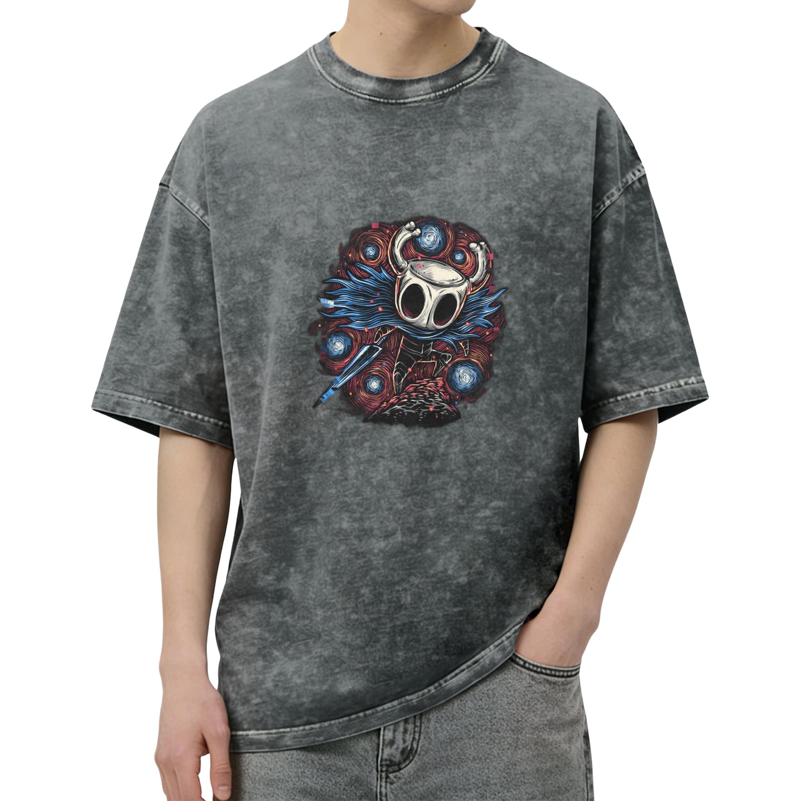 Oversized Dark Wash T-Shirt With Hollow Knight Artwork Print