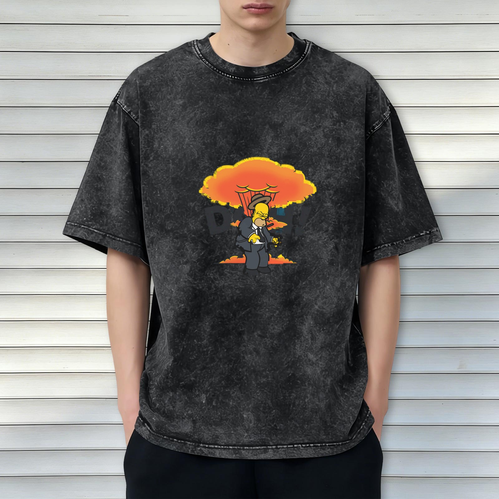Washed Black T-Shirt with Homer Simpson Nuclear Explosion Graphic