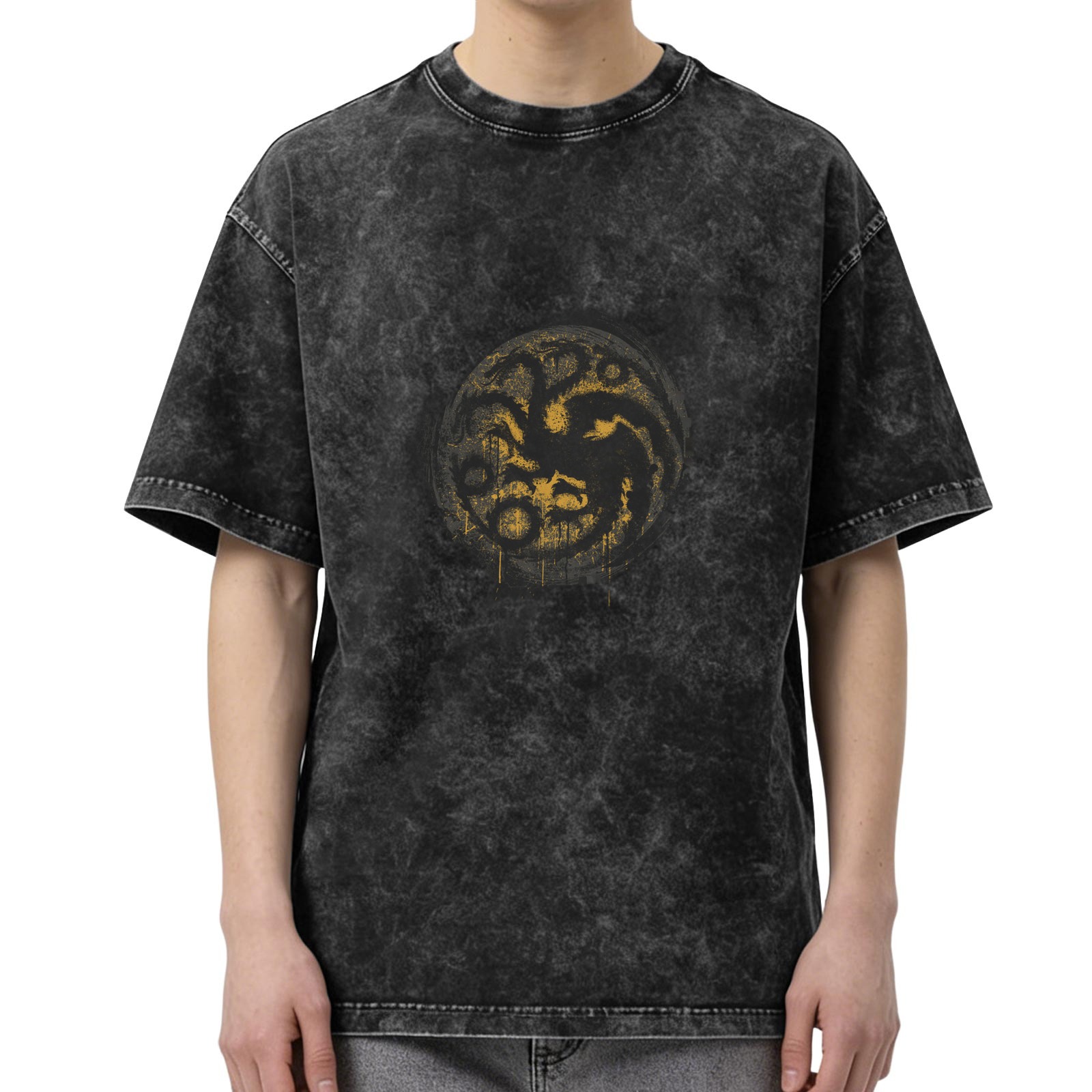 Washed black oversized t-shirt with yellow dragon sigil graphic