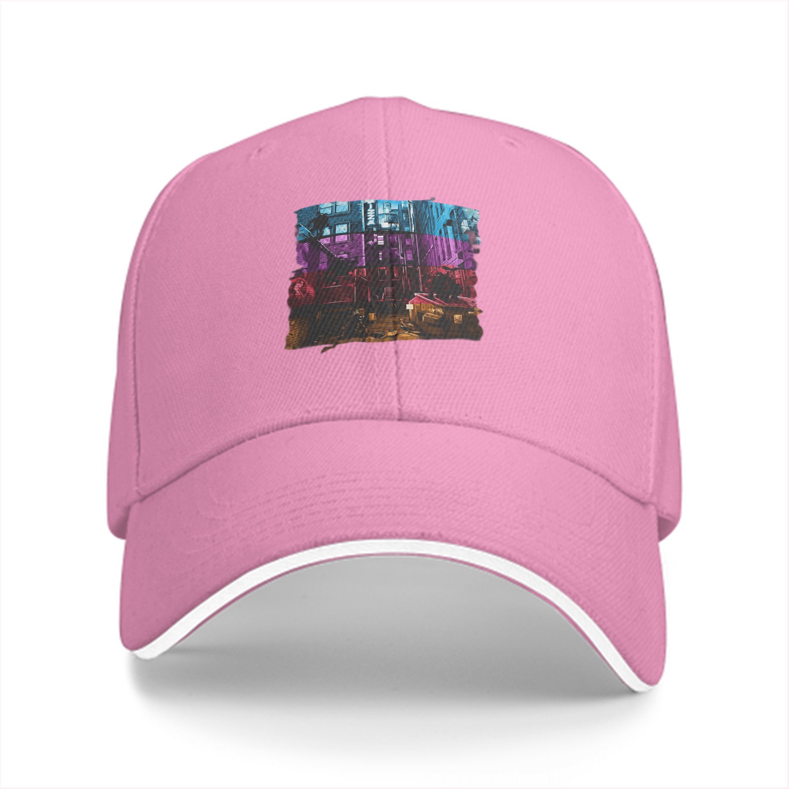 Black Baseball Cap with Neon Cyberpunk Cityscape Graphic