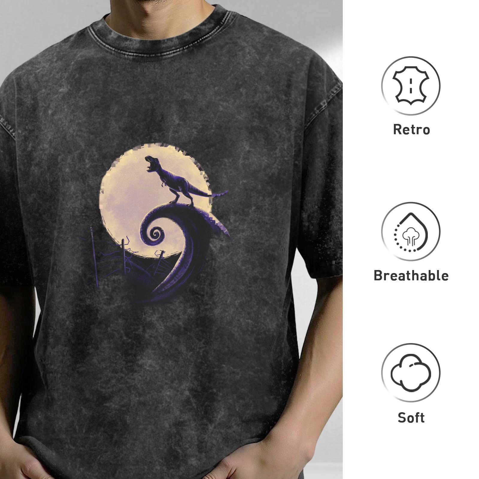 Dinosaur Moon Spiral Graphic Acid-Wash T-Shirt