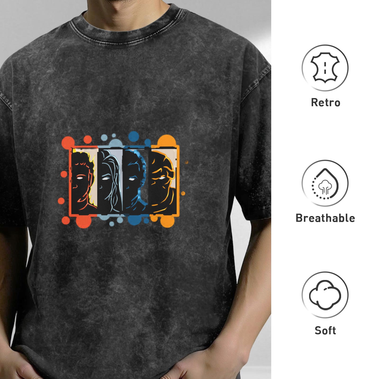 Oversized dark washed t-shirt with four stylized character faces graphic