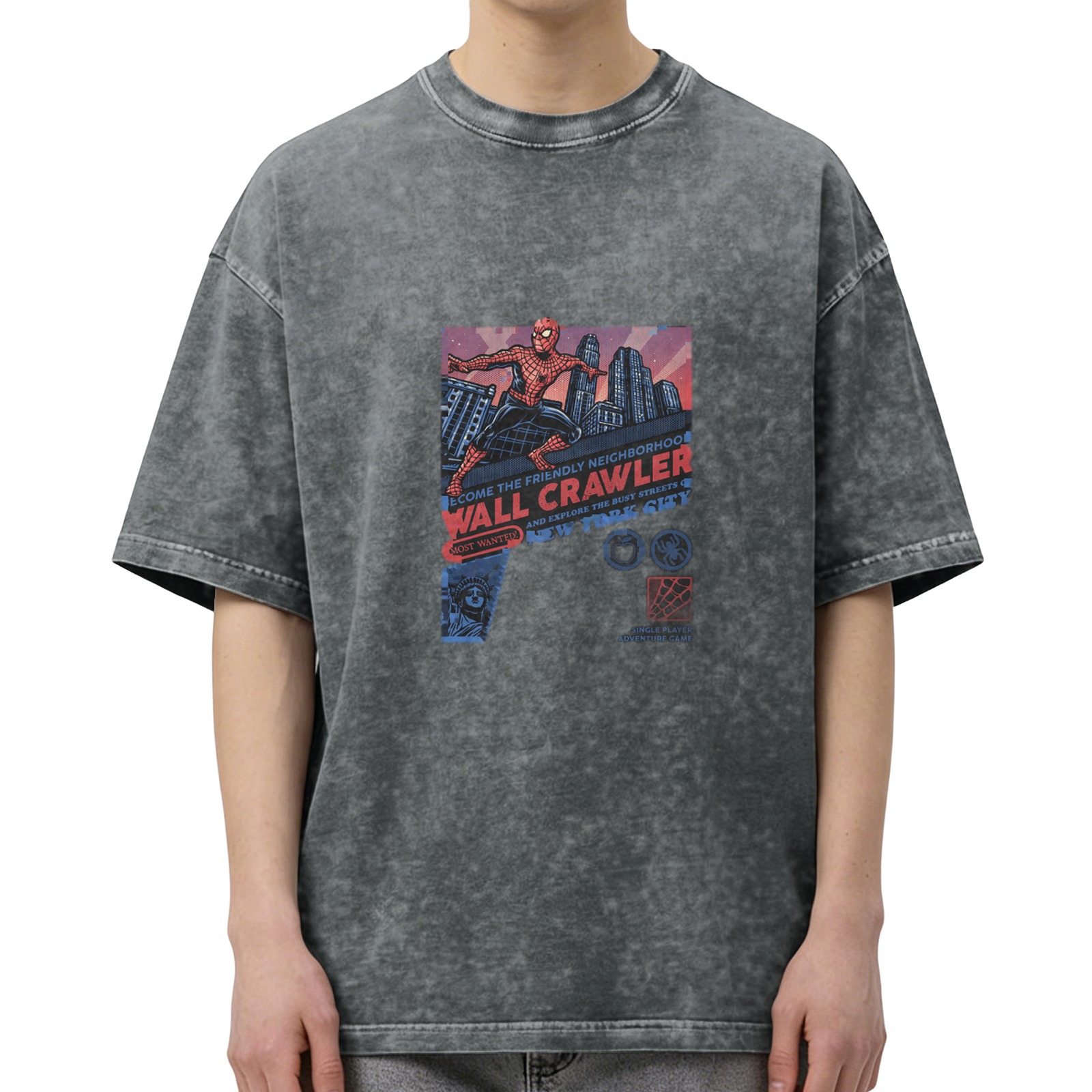 acid wash t-shirt with spider-man wall crawler graphic