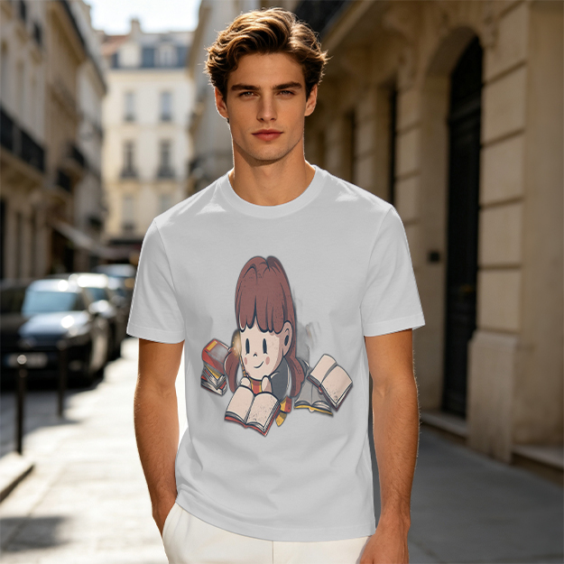 Olive T-shirt with Charming Girl Reading Books Graphic