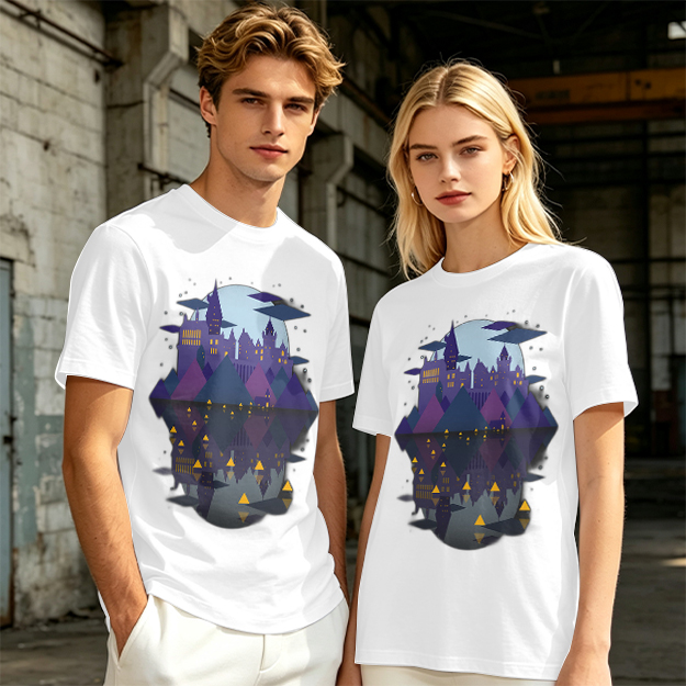 Olive T-Shirt With Night Castle Lake Reflection Graphic
