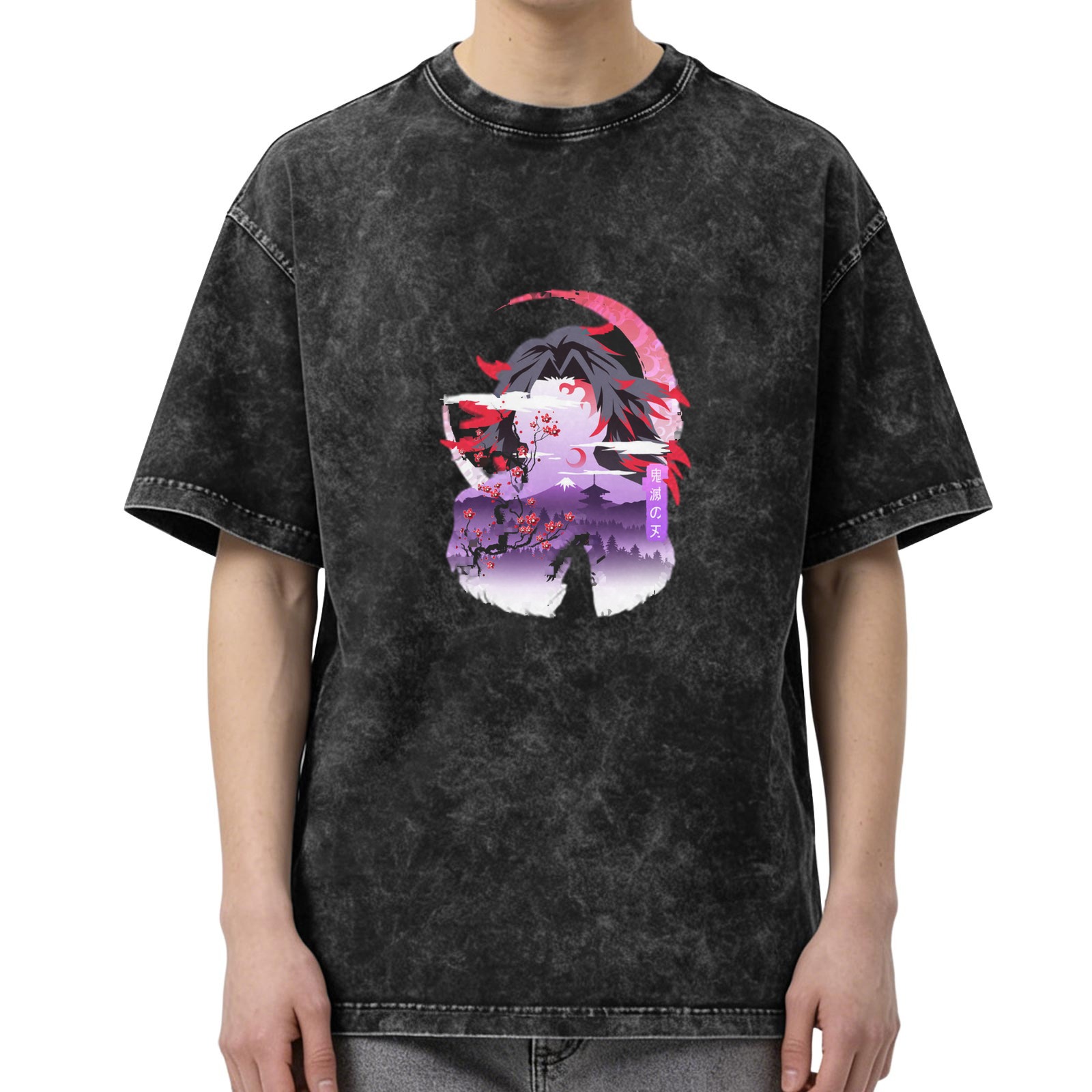 Oversized dark washed anime graphic t-shirt with samurai and cherry blossom design