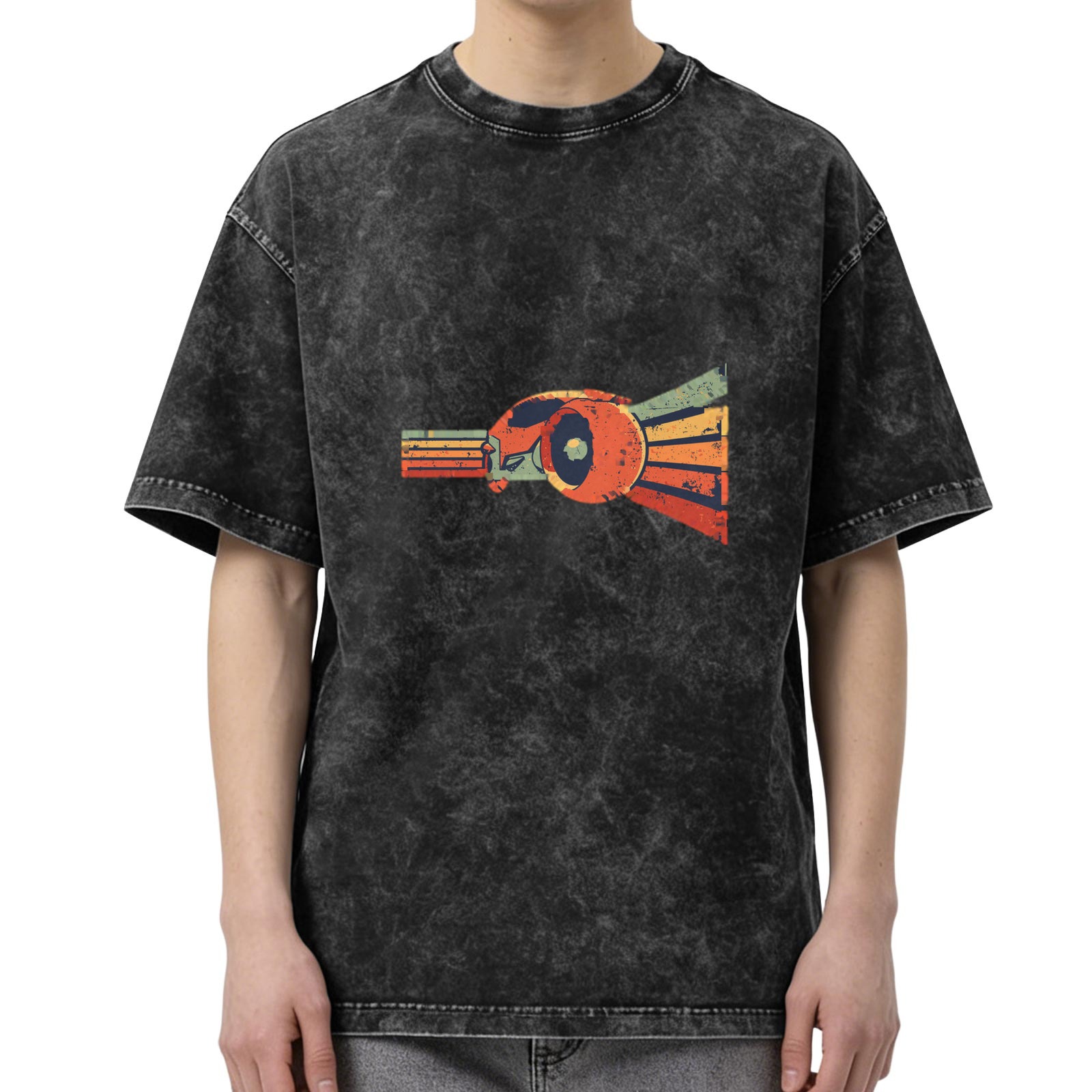 Distressed washed black loose short-sleeved T-shirt Retro style graphic print top