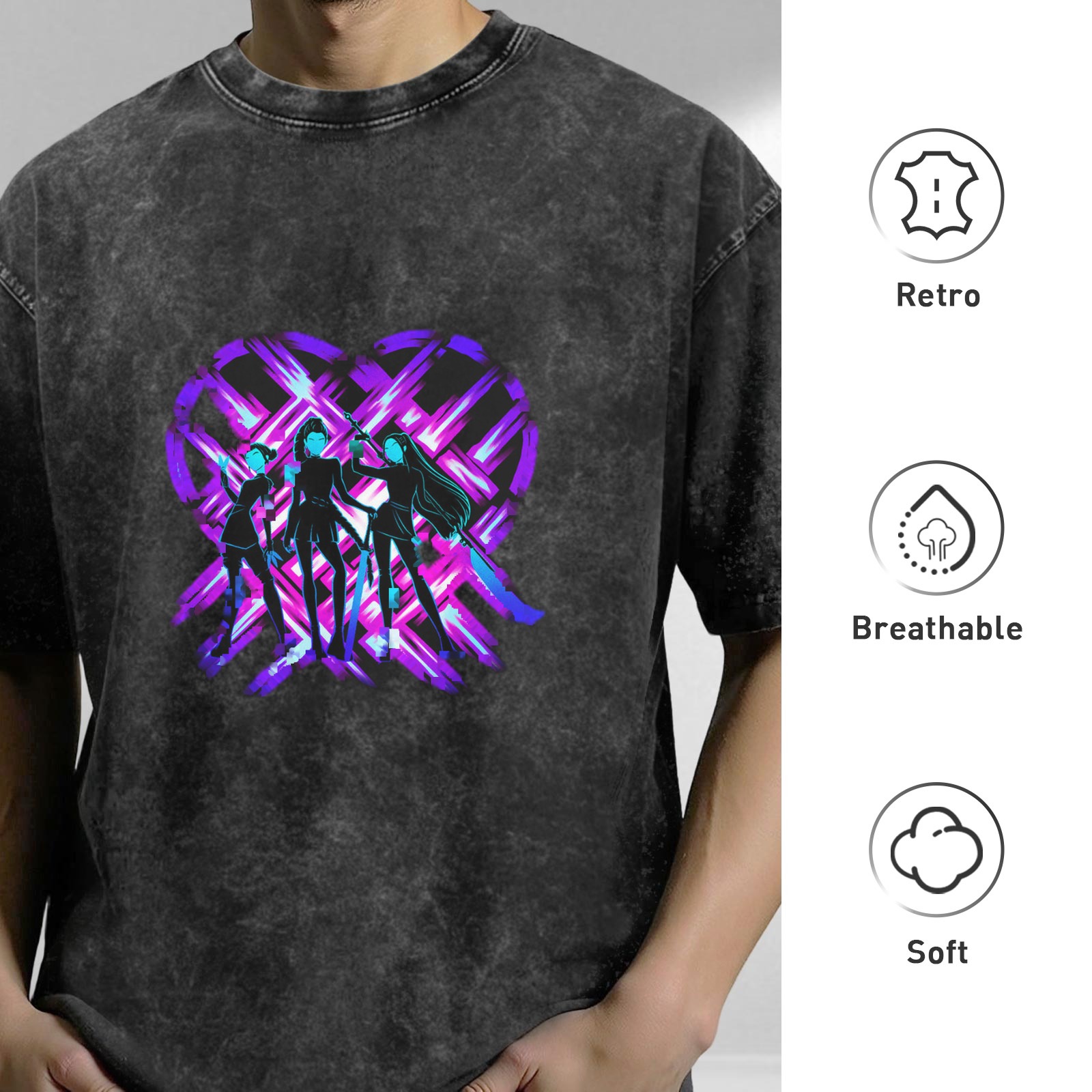 Washed Black T-Shirt with Neon Purple Heart and Three Stylized Figures Graphic