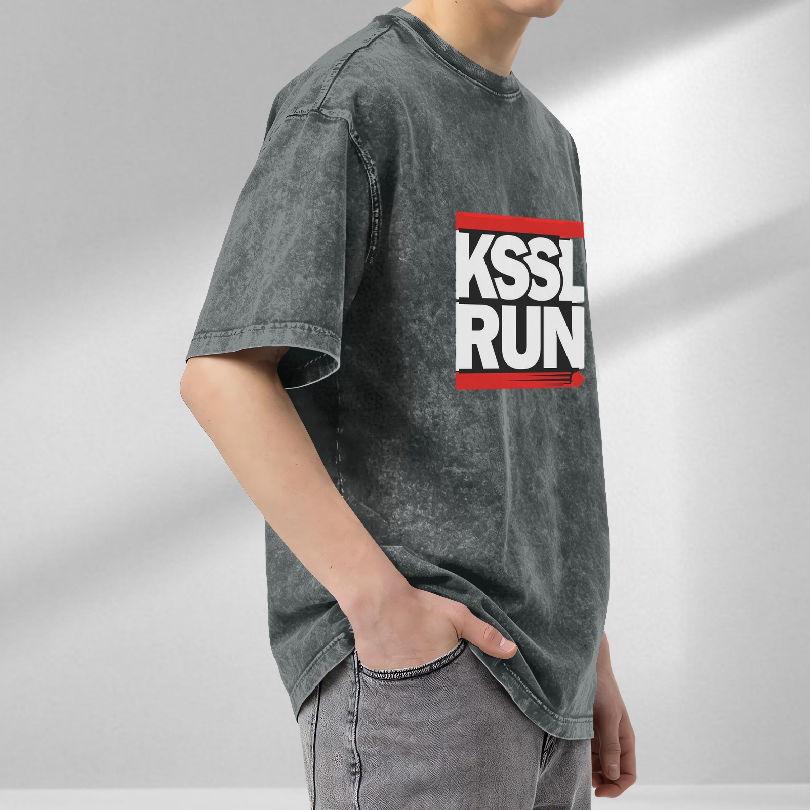 Oversized acid wash t-shirt with KSSL RUN graphic print