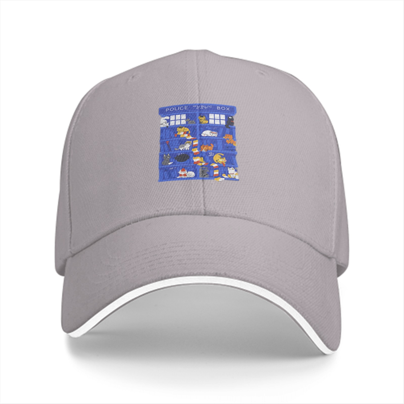 Black Baseball Cap with TARDIS Police Box Cat Print