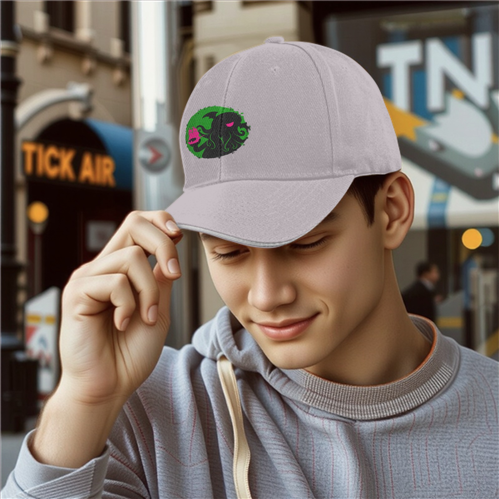 Black Baseball Cap With Cthulhu Attacking Ship Graphic