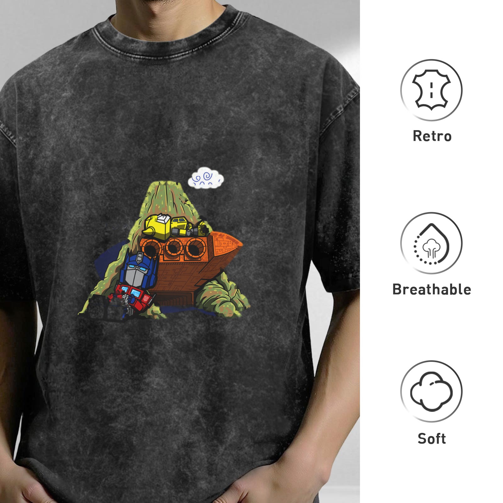 Distressed washed black loose short-sleeved T-shirt Cartoon Transformers printed casual top