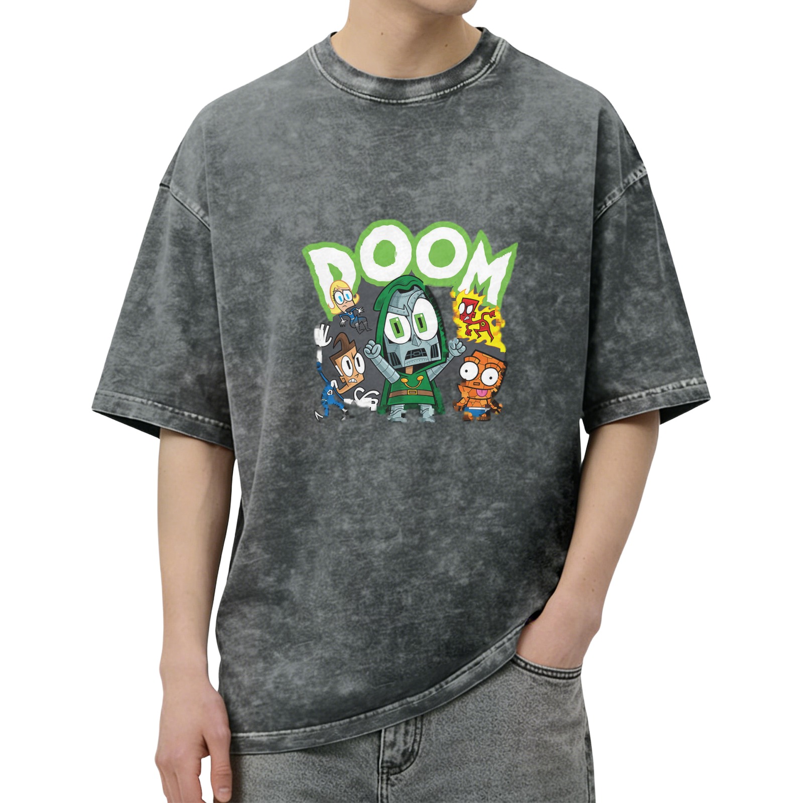 Washed Black T-Shirt With Chibi Doom And Fantastic Four Artwork