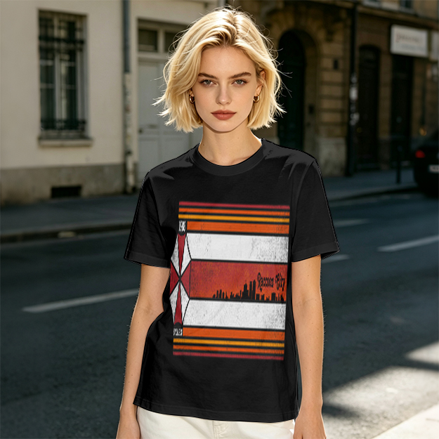 Olive T-Shirt With Retro Striped City Skyline Graphic Print