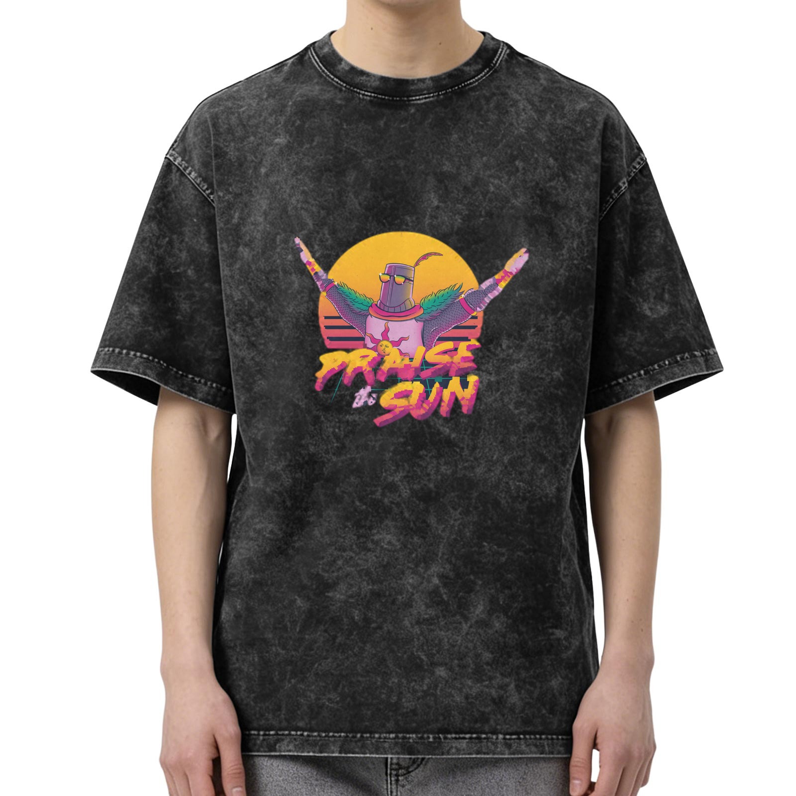 Distressed black short-sleeved T-shirt Retro style compliments Sun Rider printed top