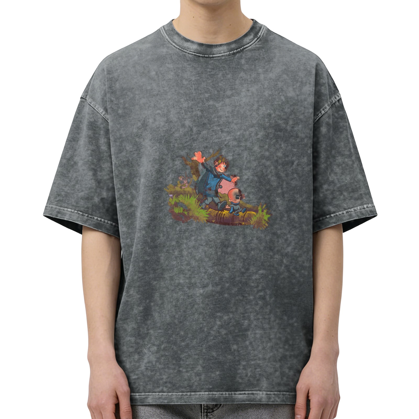 Washed Black Graphic Tee With Whimsical Cartoon Adventure Print