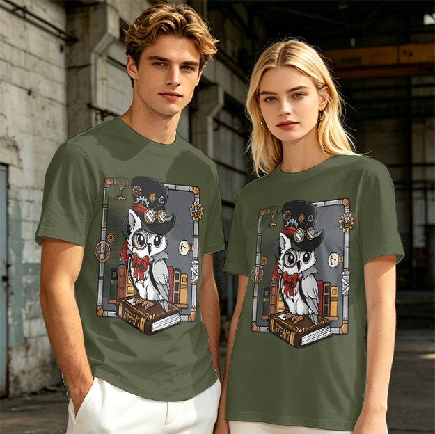 Owl in Steampunk Attire on Book Graphic Tee
