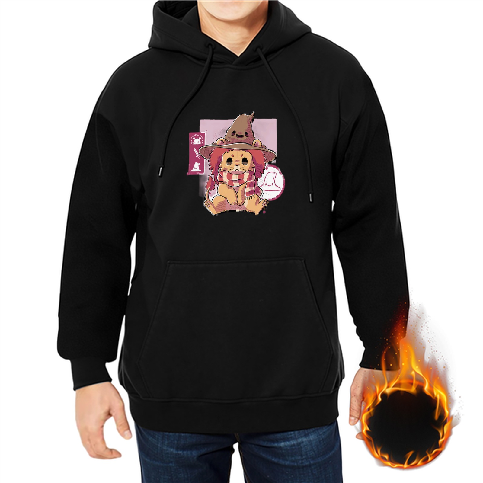 Black Hoodie with Cute Witch Lion Graphic Print