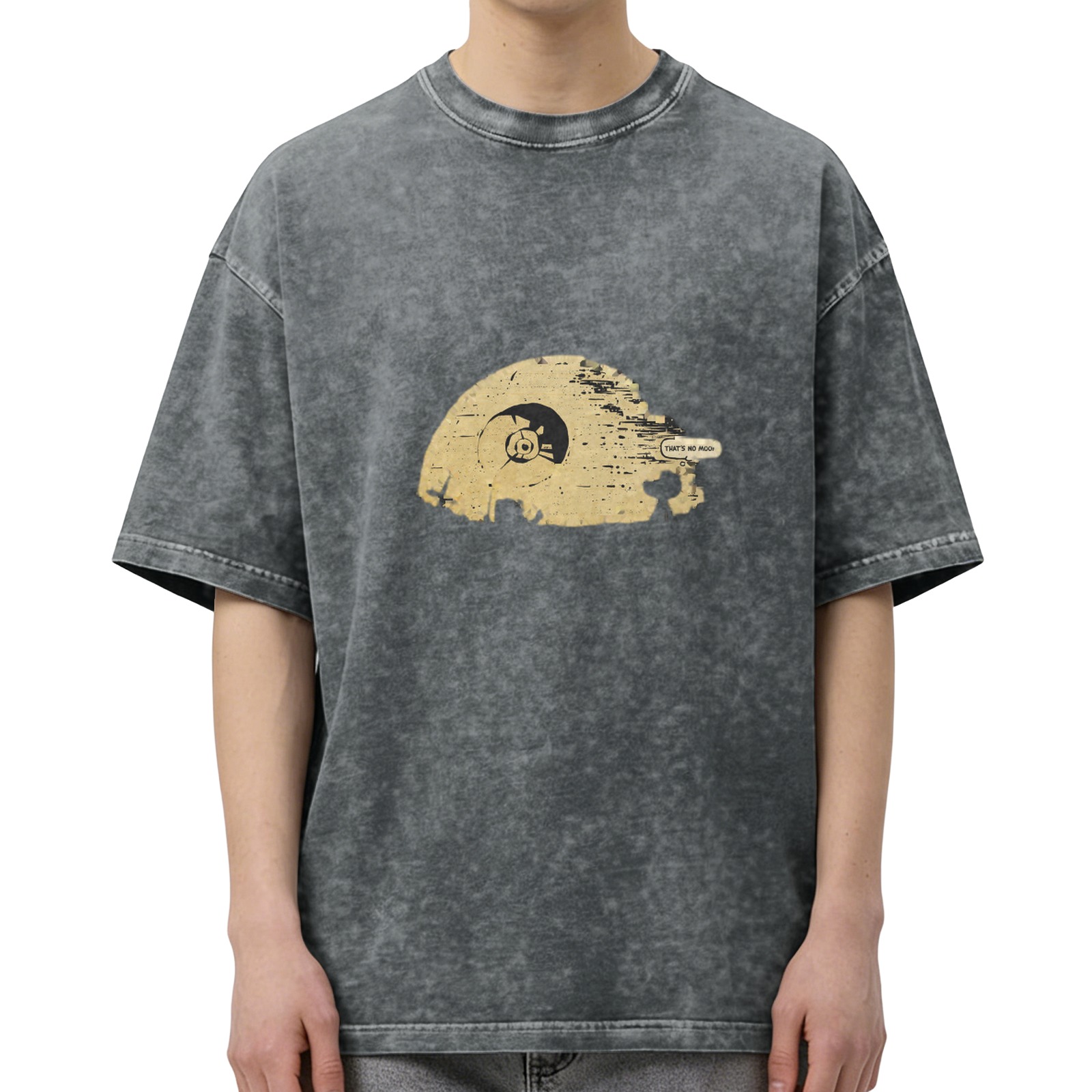Distressed washed black Star Wars theme T-shirt round neck short-sleeved casual top