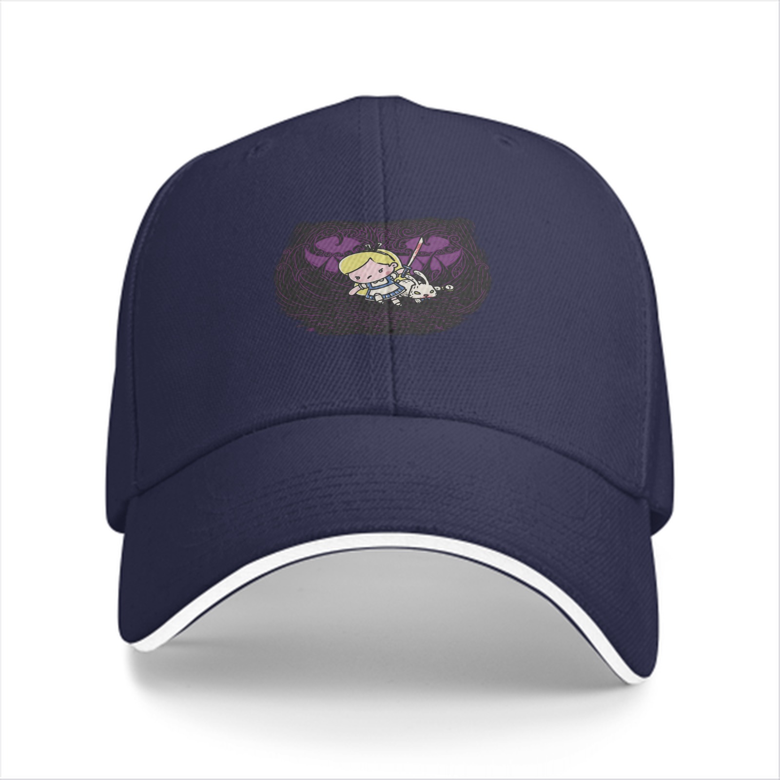 Black Baseball Cap With Chibi Alice In Wonderland Print