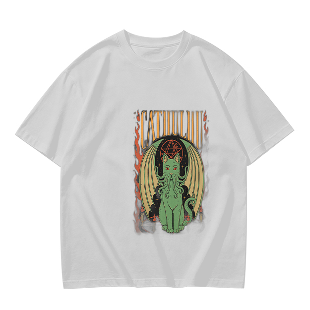 Olive T-shirt with Cthulhu Cat Graphic Print