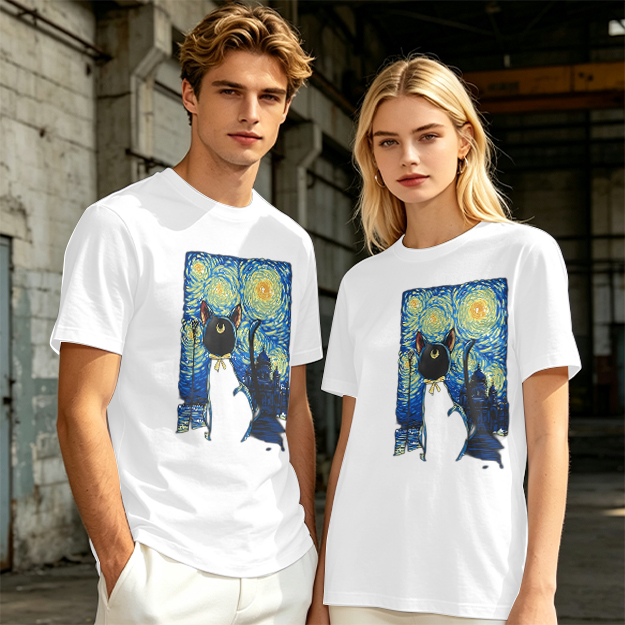 Olive T-Shirt with Starry Night Cat Art Print