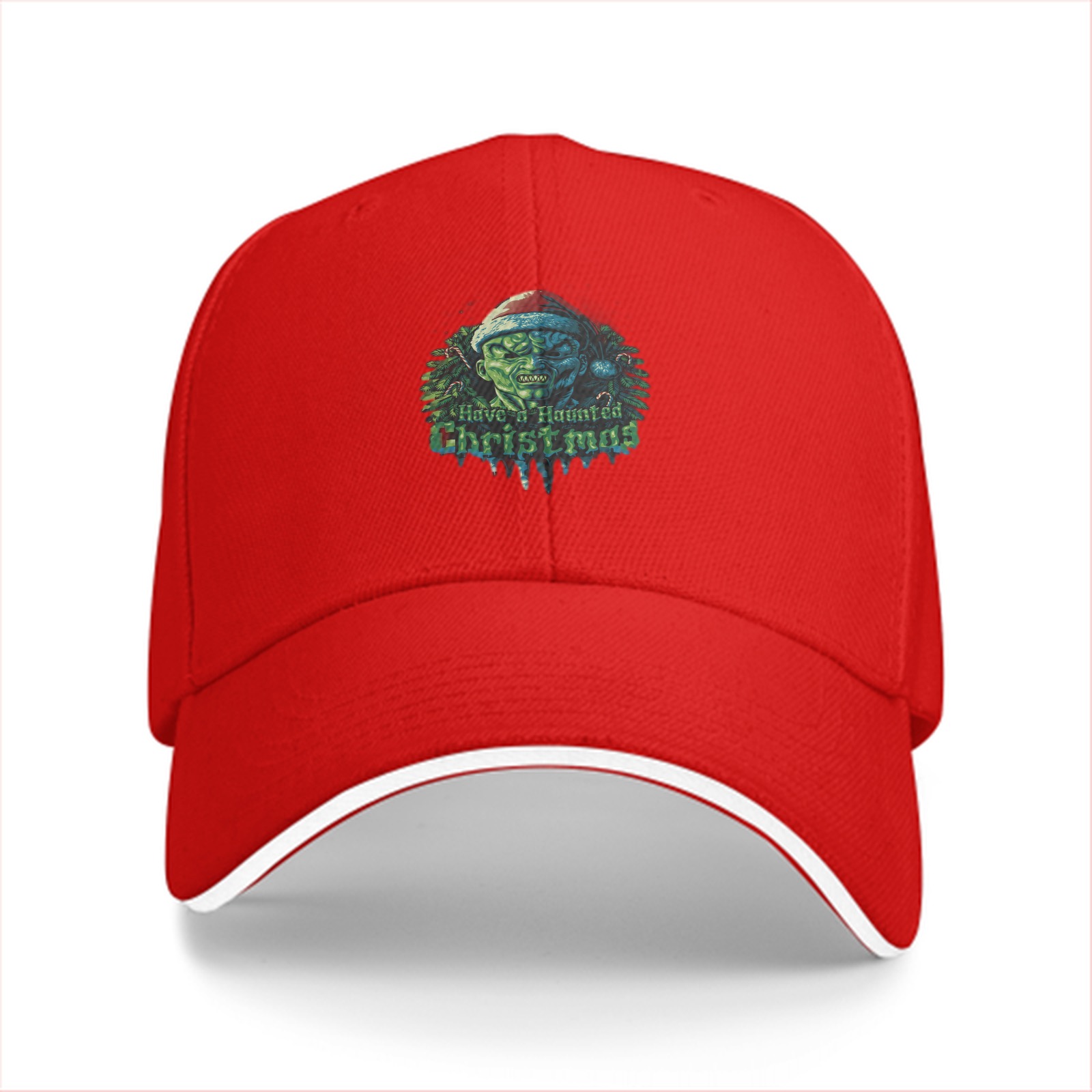 Black Baseball Cap With Haunted Christmas Monster Santa Design