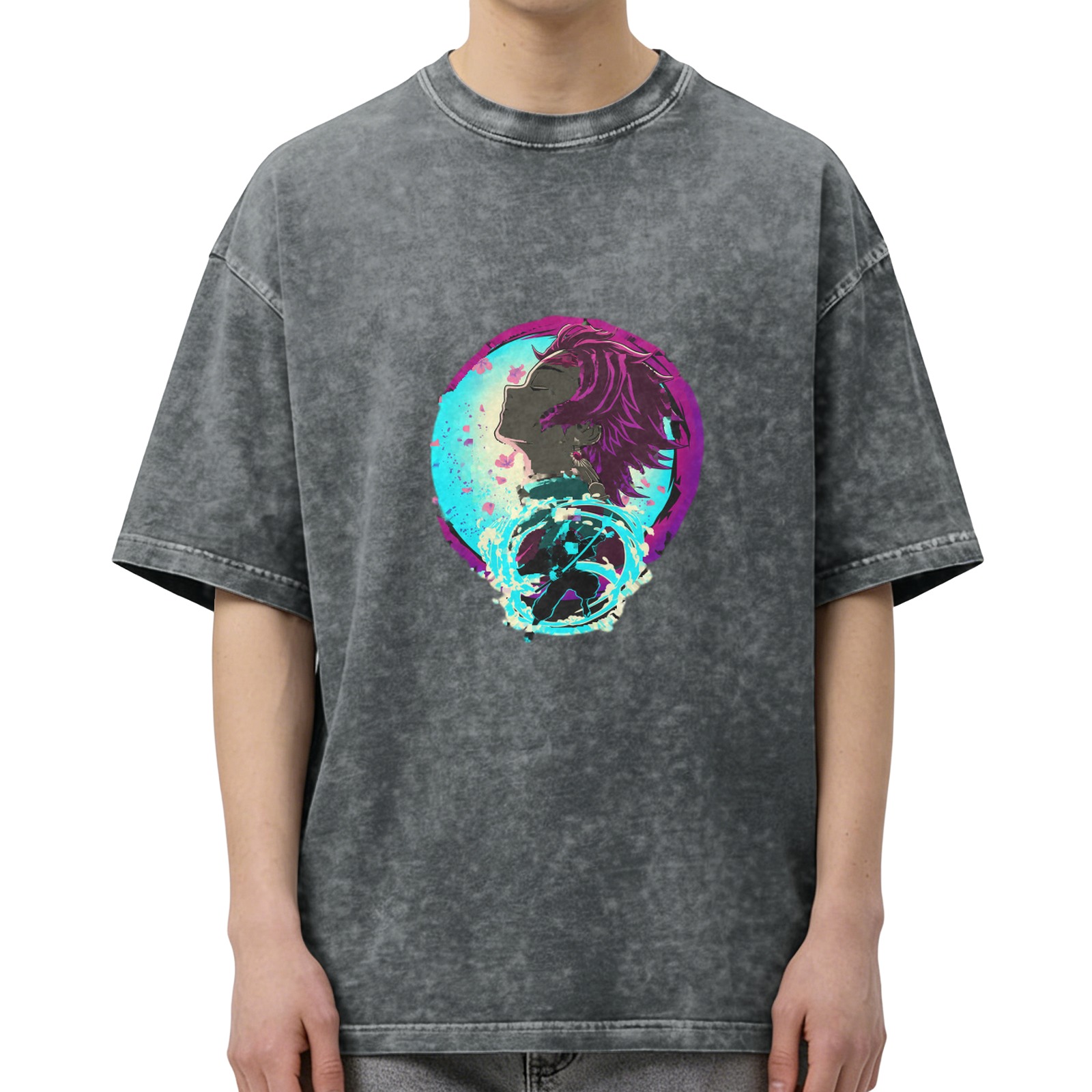 Oversized Washed Anime Demon Slayer Graphic T-Shirt