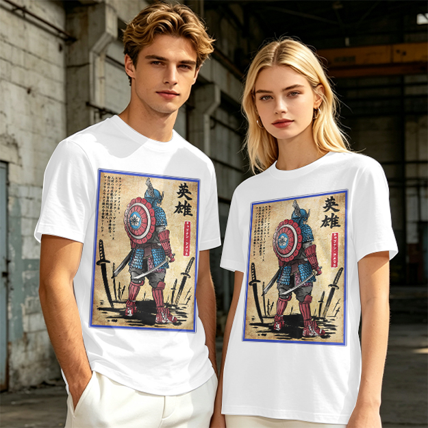 Olive T-shirt with Samurai Captain America Hero Art Print