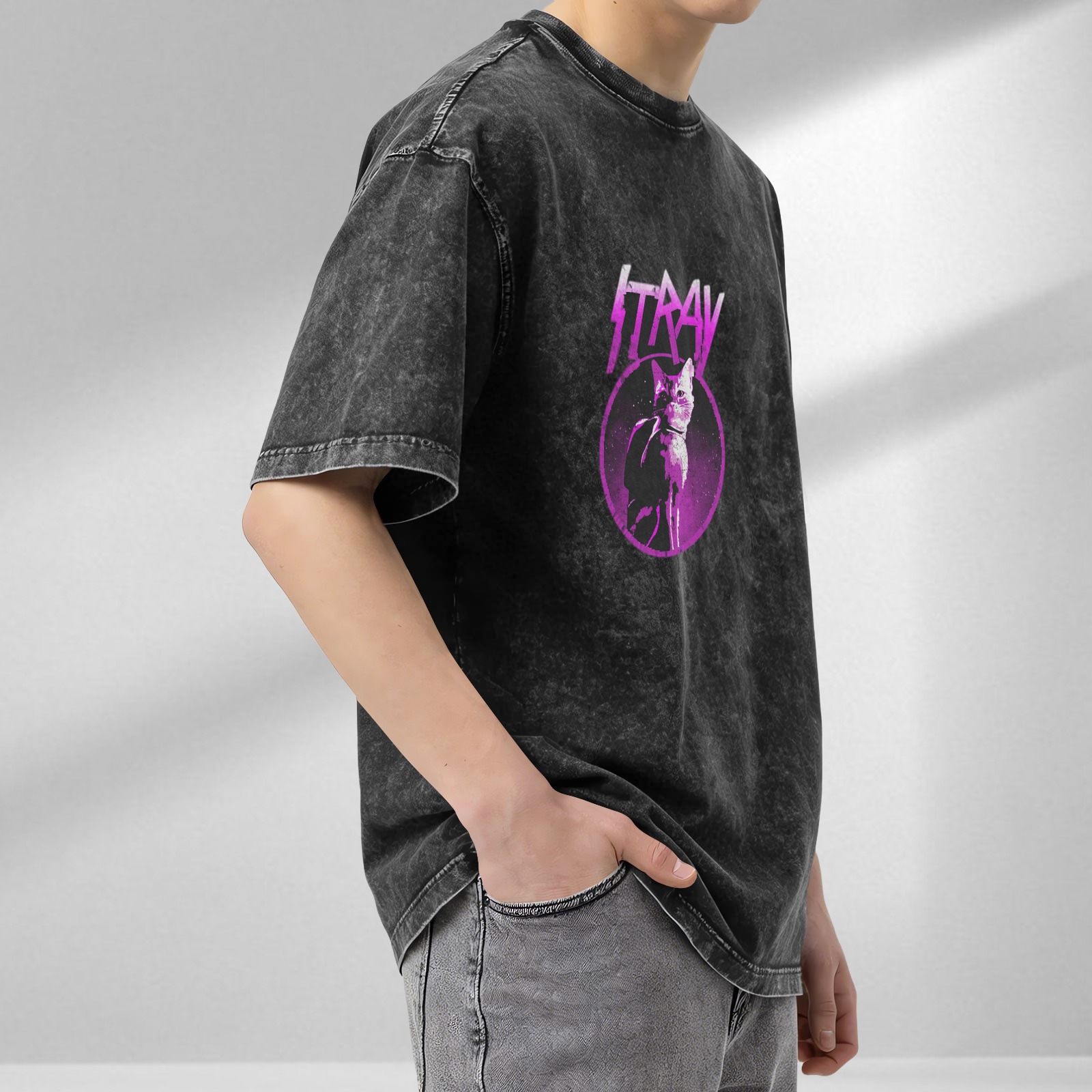 Stray Game Cat Graphic Acid Wash Black T-Shirt