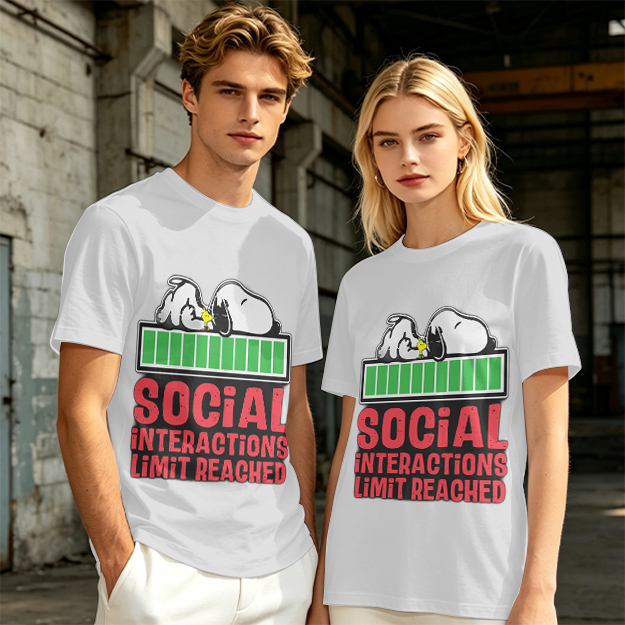 Olive t-shirt with Snoopy 'Social Interactions Limit Reached' print