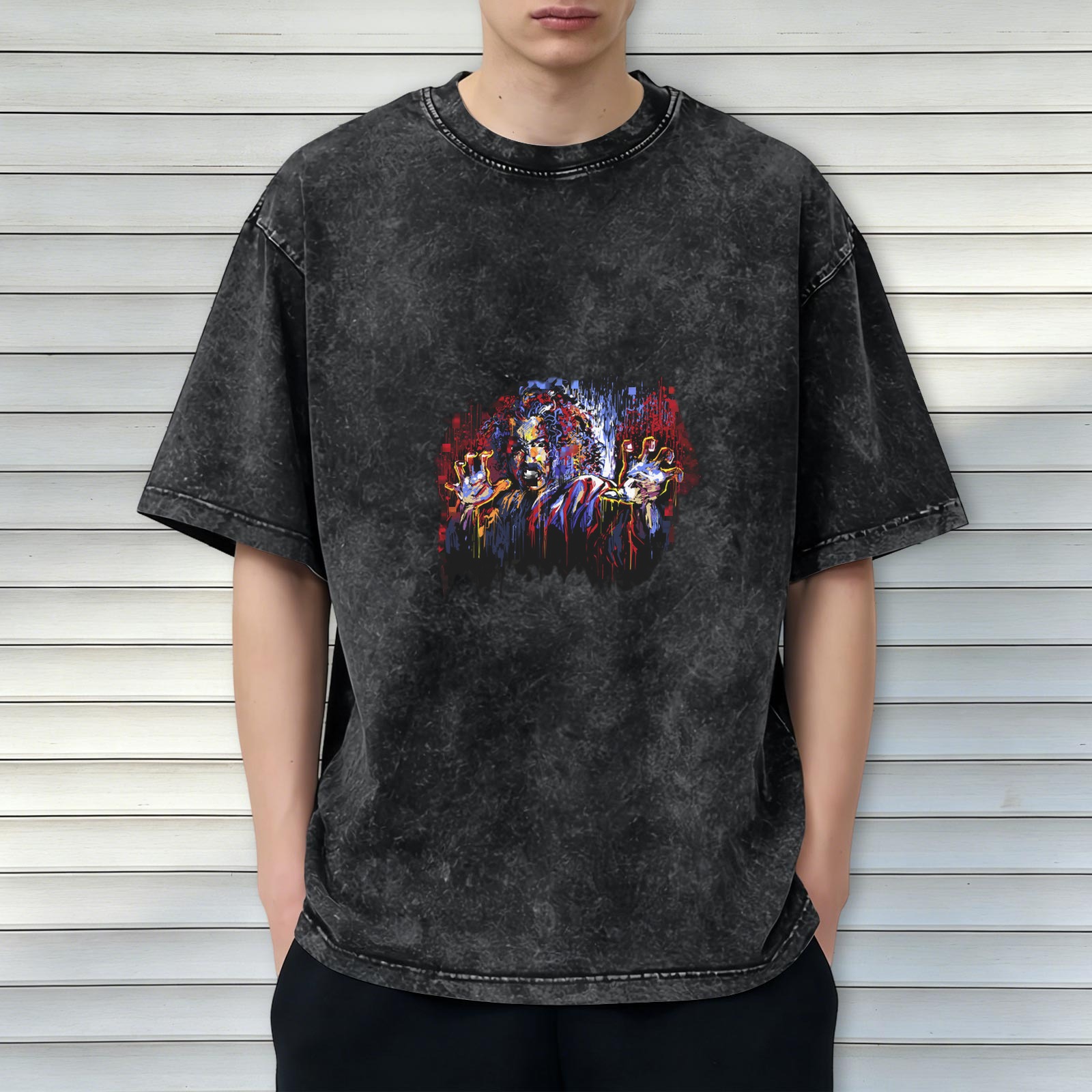 Oversized Acid Wash T-Shirt With Vibrant Abstract Graphic Print
