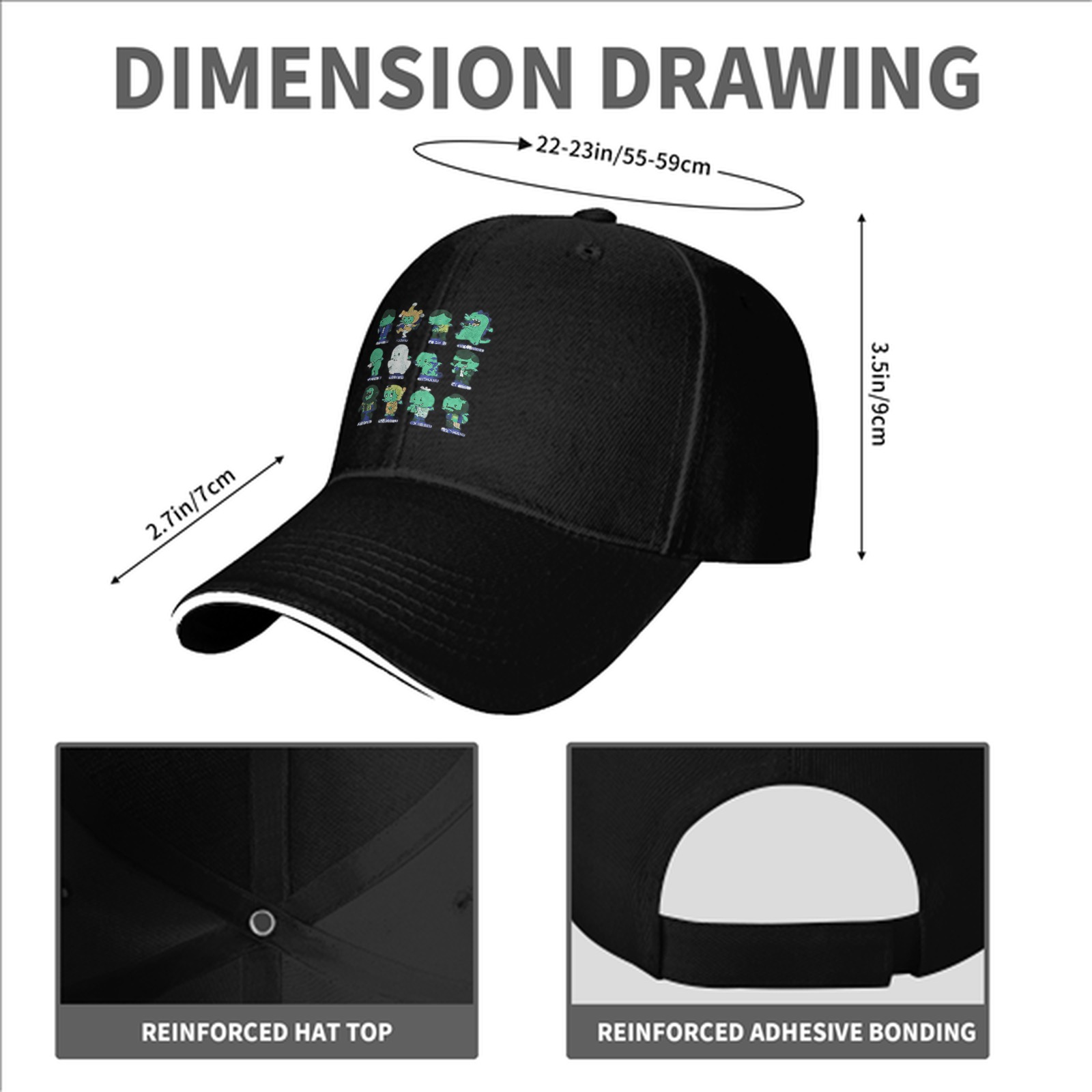Black baseball cap with cute monster character grid print