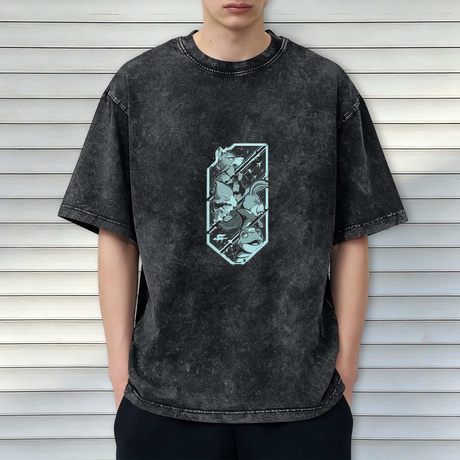 Washed Black Oversized T-Shirt With Teal Cartoon Character Graphic