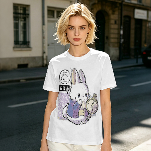 Olive T-Shirt With White Rabbit Holding Pocket Watch Print