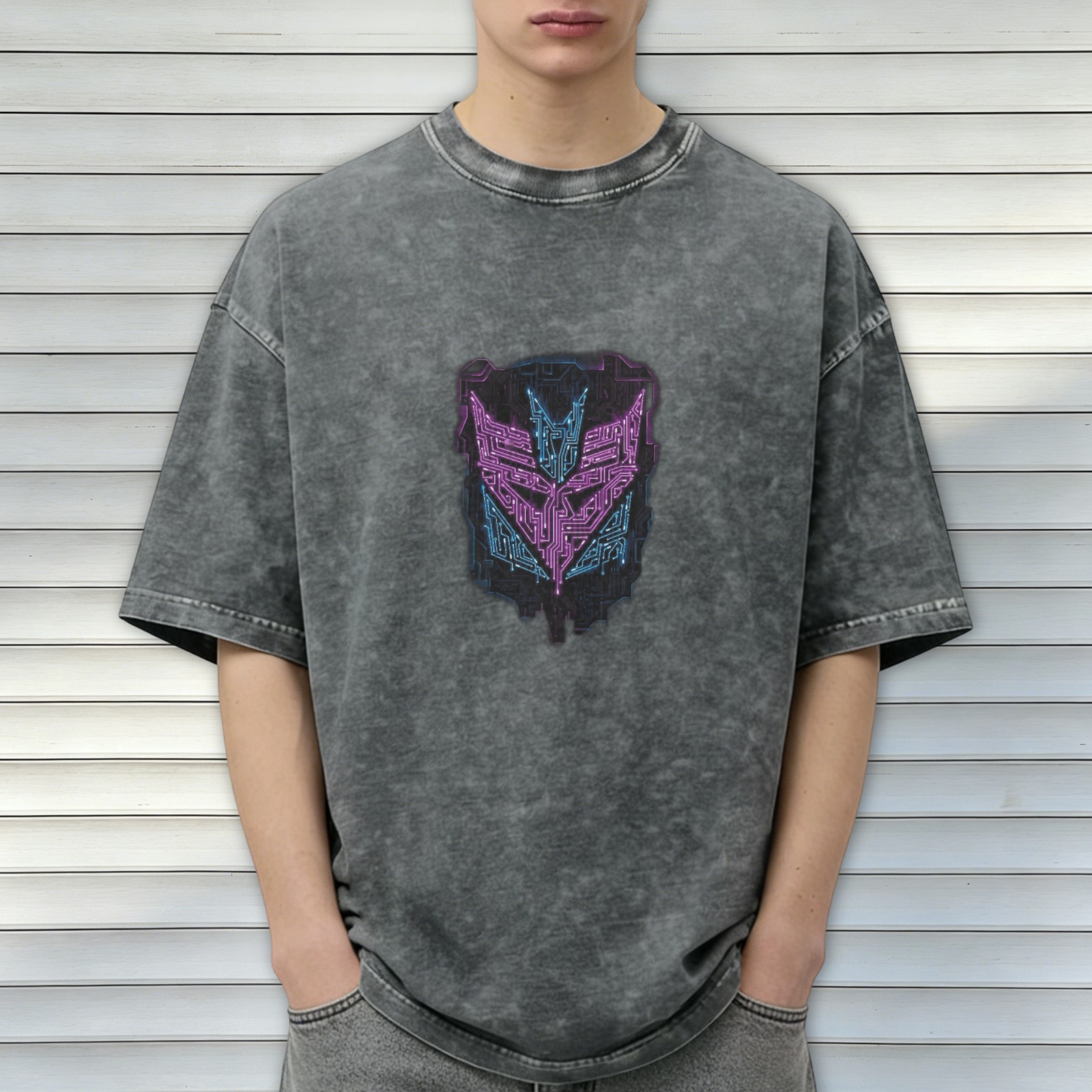 Transformer Decepticon Circuit Graphic Acid Wash Oversized T-shirt